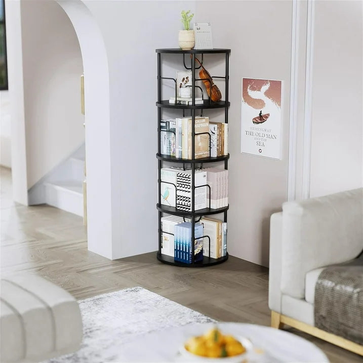 Flycity 4 Tier Rotating Bookshelf, 360° Display Rotating Bookcase Corner Storage Rack with Special Visible Partition Storage, Black