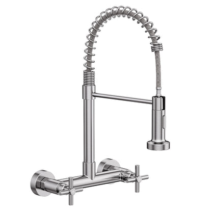 KINGTACK Wall Mount Kitchen Faucet,8 inch Commercial Sink Faucet with Sprayer, Dual Handles Utility Sink Faucet for Kitchen Laundry Restaurant,Stainless Steel