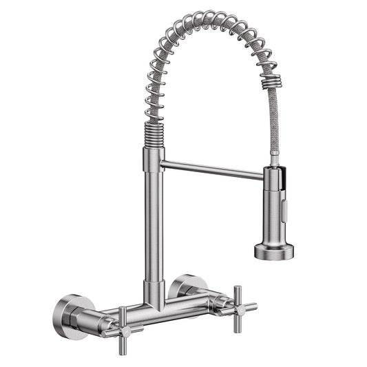 KINGTACK Wall Mount Kitchen Faucet,8 inch Commercial Sink Faucet with Sprayer, Dual Handles Utility Sink Faucet for Kitchen Laundry Restaurant,Stainless Steel