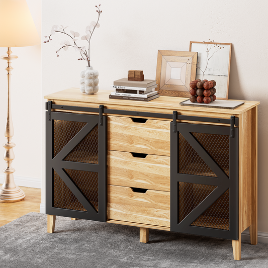 Flycity Sideboard Buffet Cabinet with Sliding Barn Doors and 3 Drawers, Sideboard with Storage, 47" Wood Farmhouse Accent Cabinet for Kitchen, Dining Room, Hallway, Living Room