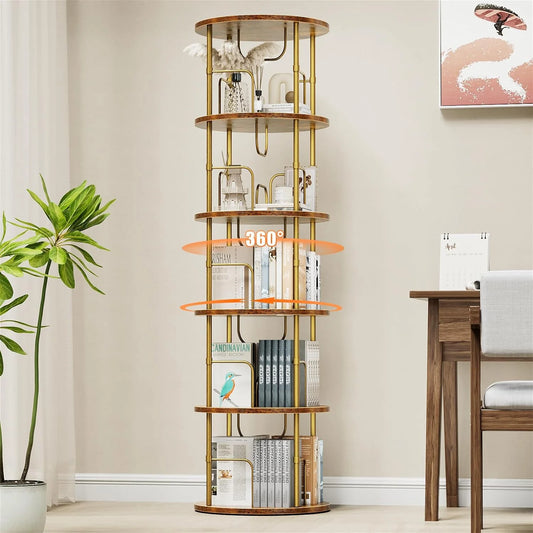 Flycity 5 Tier Rotating Bookshelf, 360° Display Rotating Bookcase Corner Storage Rack with Special Visible Partition Storage, Gold