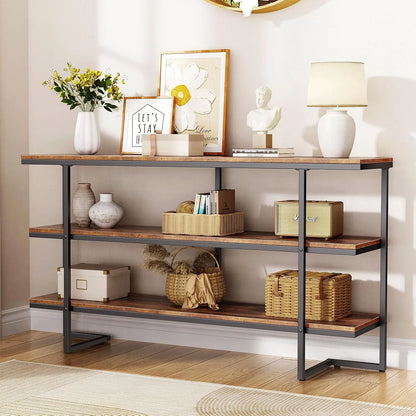 Flycity 55" Console Table with 3 Tier Storage Shelves, Industrial Entryway Sofa Table for Living Room, Hallway, Foyer, Dining Room, Bedroom