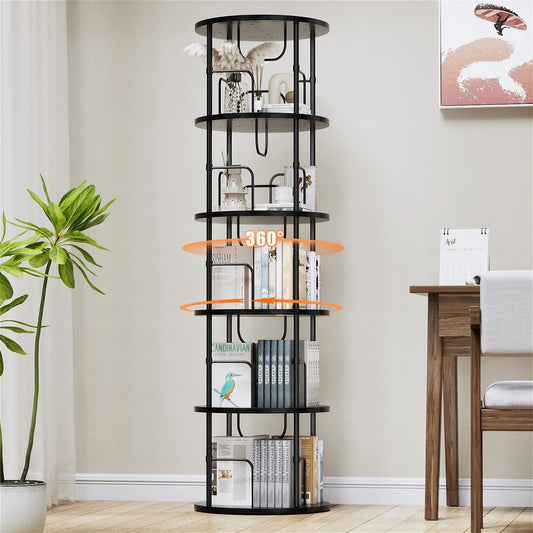 Flycity 5 Tier Rotating Bookshelf, 360° Display Rotating Bookcase Corner Storage Rack with Special Visible Partition Storage, Black