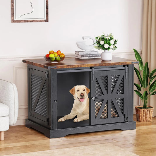 Flycity 39.4''Farmhouse Dog Crate Furniture with Sliding Door, Heavy Duty Dog Crate for Medium Large Dogs, XL Dog Kennel Indoor with Three Doors, Chew Resistant End Table for Living Room, Black