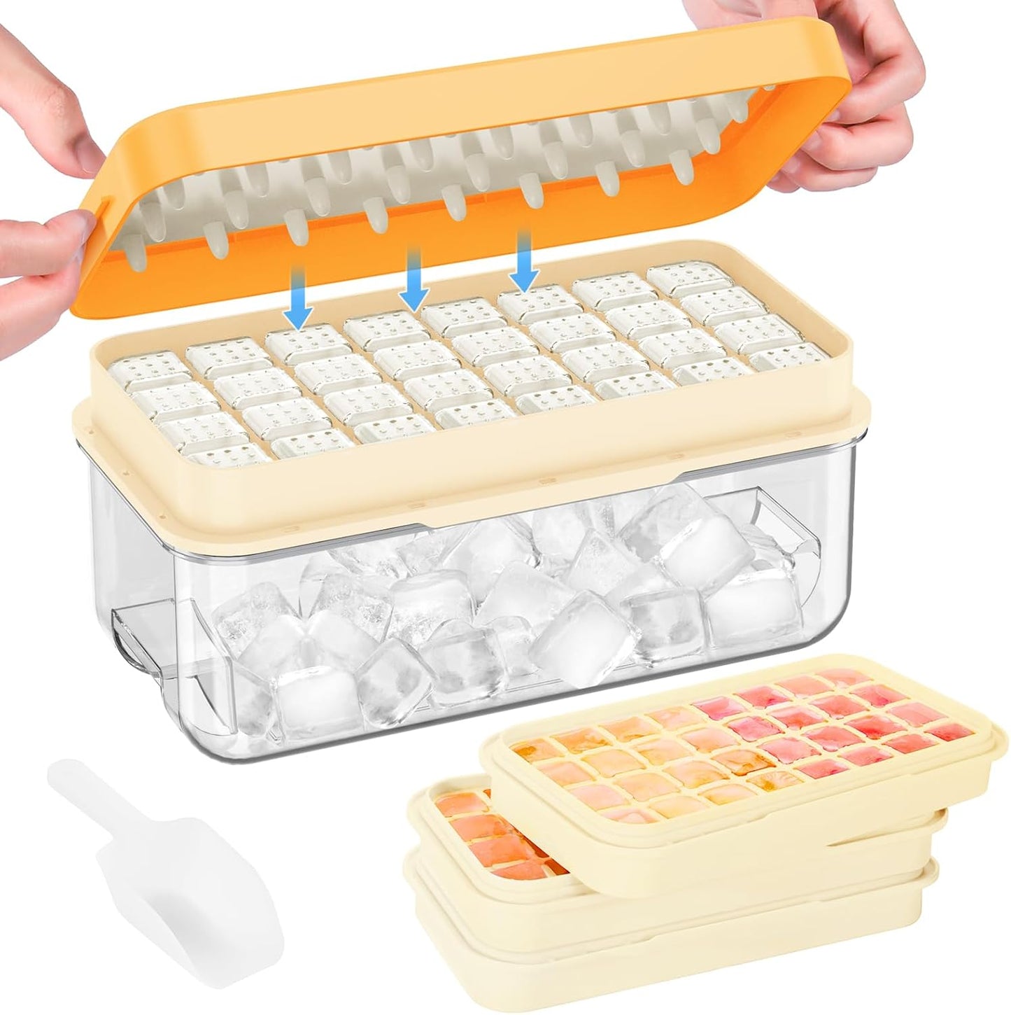 KINGTACK Ice Cube Tray with Lid and Bin, Ice Cube Tray Molds, 96(4 * 8 * 3) pcs Ice Trays for freezer, Chilling Drinks, Whiskey & Cocktails, with Ice Container and Ice Scoop, BPA-Free, Yellow