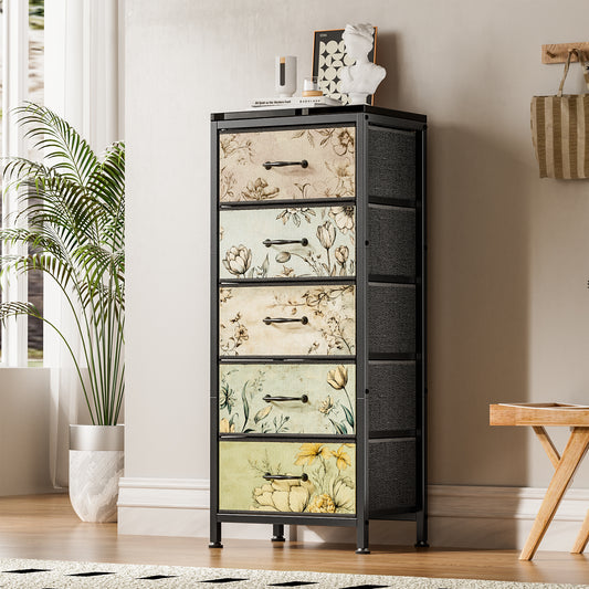 Flycity Vertical Dresser for Bedroom, Wood Top Tall Storage Tower with 5 Fabric Drawers, Chest of Drawers for Living Room, Dorm, Entryway, Nightstand Bedside Table