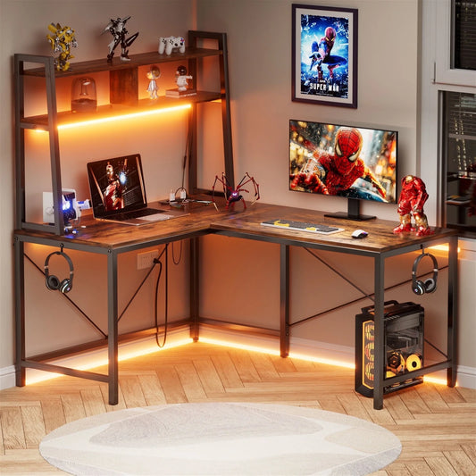 Flycity 93.3 inch L Shaped Gaming Desk with Hutch, LED Lights & Power Outlets, Ergonomic L-Shaped Gaming Desk with Storage Shelves for Home Office, Brown