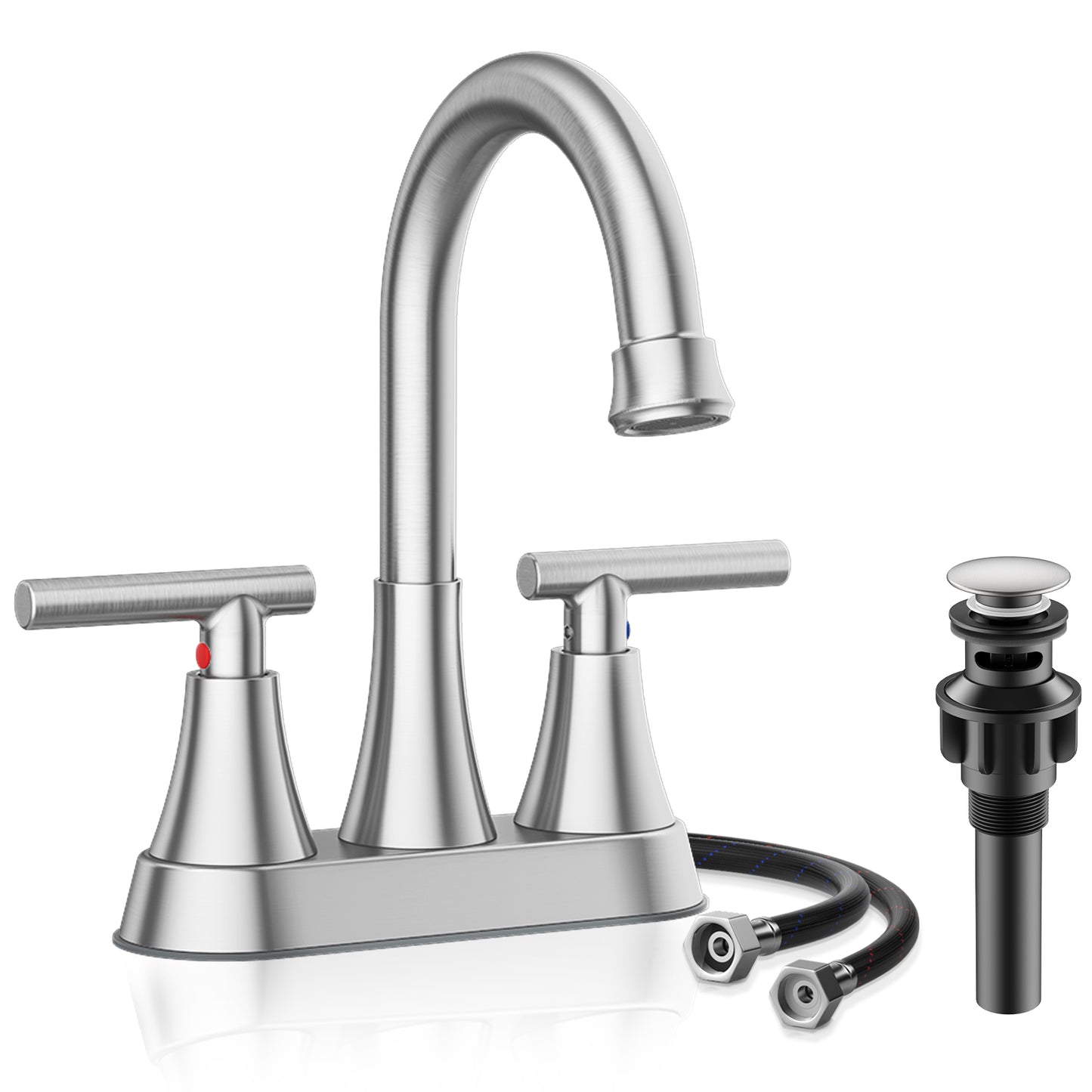 KINGTACK Bathroom Sink Faucet, 4 inch Brushed Nickel 2-Handle Bathroom Faucets with Pop-up Drain and 2 Supply Hoses, Fits 2 or 3-hole Sink