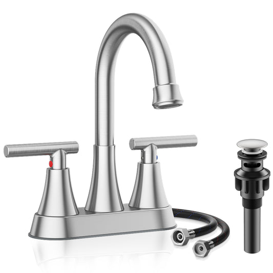 KINGTACK Bathroom Sink Faucet, 4 inch Brushed Nickel 2-Handle Bathroom Faucets with Pop-up Drain and 2 Supply Hoses, Fits 2 or 3-hole Sink