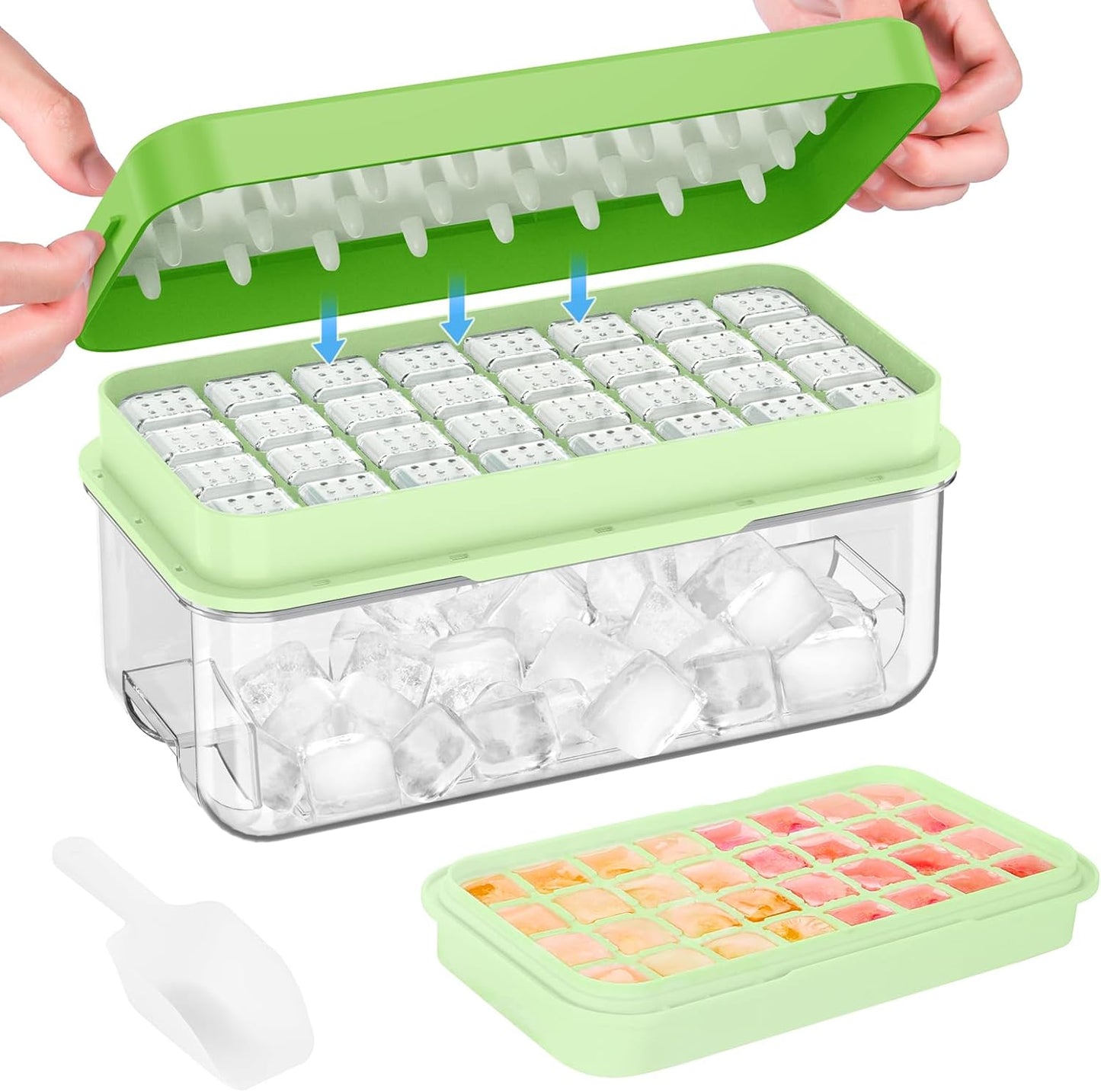 KINGTACK Ice Cube Tray with Lid and Bin, 32 pcs Ice Cubes Molds, Ice Trays for Freezer, with 1 tray, Ice Freezer Container, Spill-Resistant Removable Lid & Ice Scoop, for Whiskey,Cocktail, Green