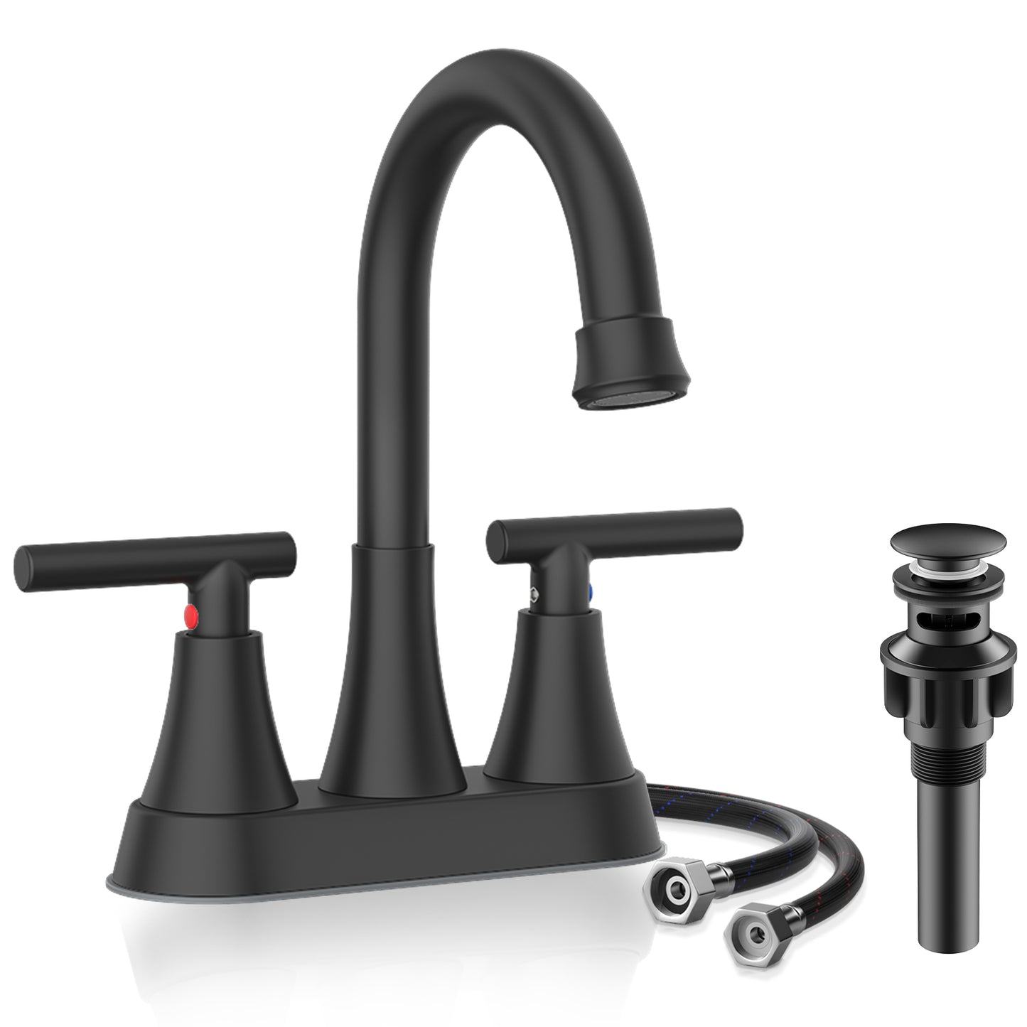 KINGTACK Bathroom Faucets 4 Inch Matte Black Bathroom Sink Faucet, Stainless Steel Lead-Free 2-Handle Centerset Faucet with Pop-up Drain and 2 Supply Hoses Fits 2 or 3-hole Sink