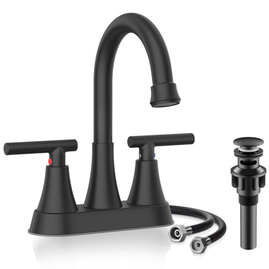 KINGTACK Bathroom Faucets 4 Inch Matte Black Bathroom Sink Faucet, Stainless Steel Lead-Free 2-Handle Centerset Faucet with Pop-up Drain and 2 Supply Hoses Fits 2 or 3-hole Sink