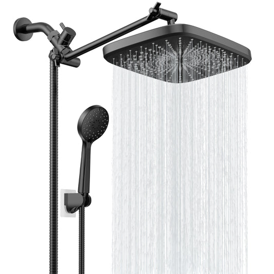 KINGTACK Shower Head Combo, 12 Inch Rain Shower Head with Adjustable Extension Arm and 5 Spray Filtered Shower Head, Black