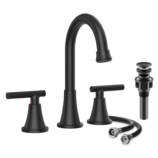 KINGTACK Bathroom Faucet for Sink 3 Hole, 8 Inch Bathroom Faucets with Pop-up Drain and Supply Lines, Matte Black