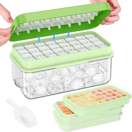 KINGTACK Ice Cube Tray with Lid and Bin, Ice Cube Tray Molds, 96(4 * 8 * 3) pcs Ice Trays for freezer, Chilling Drinks, Whiskey & Cocktails, with Ice Container and Ice Scoop, BPA-Free, Green