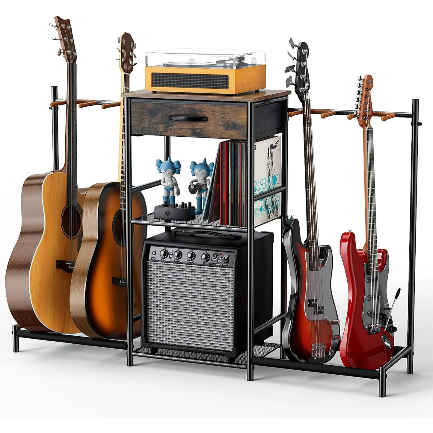 Flycity Guitar Stands Floor with 4 Guitar Holders, 3-Tier Guitar Rack with Amp Stand & Cloth Drawer, Floor Adjustable Guitar Holder Display for Music Room Home Studio