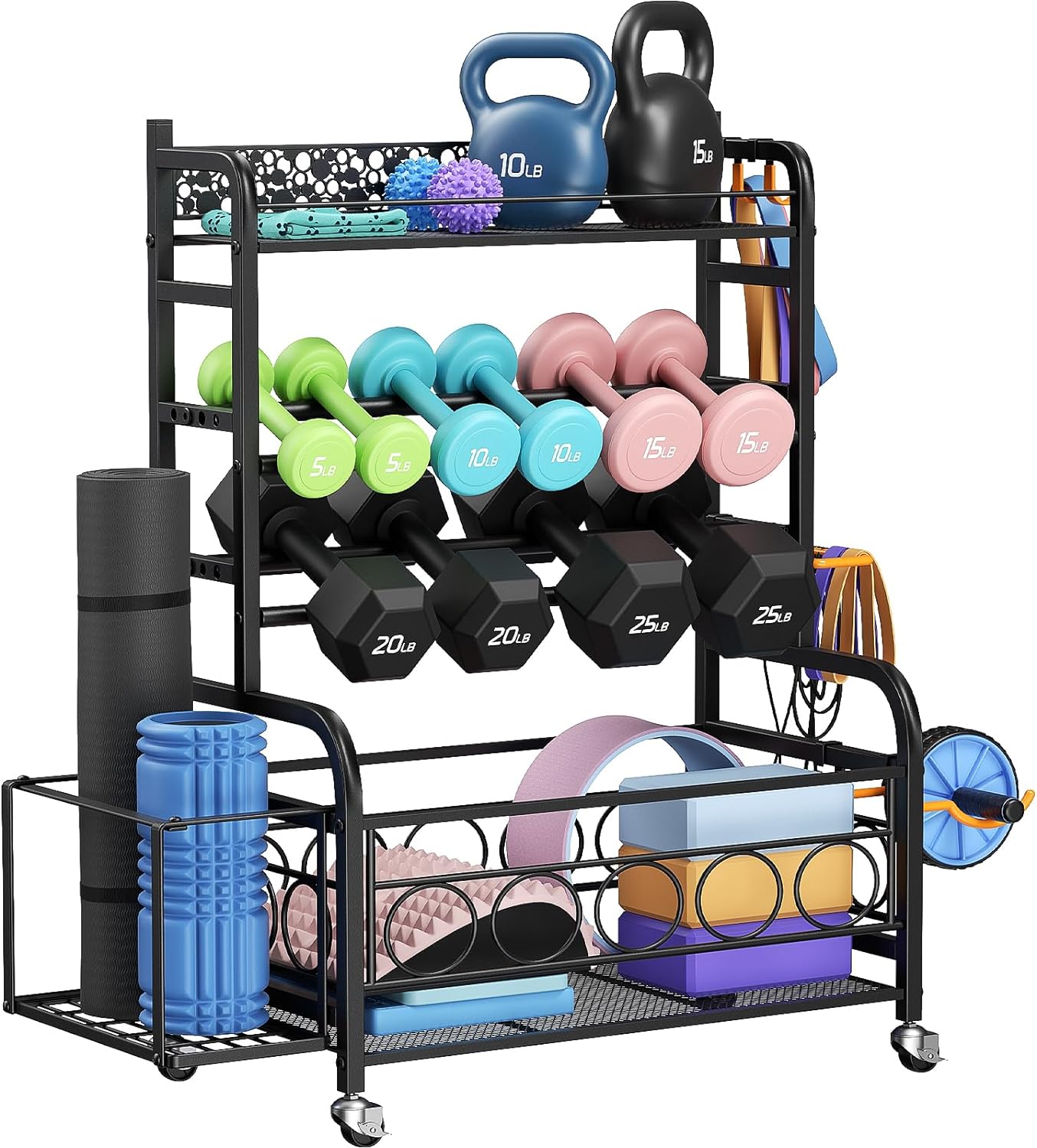 Flycity Dumbbell Rack, Weight Rack for Dumbbells, Home Gym Storage for Dumbbells Kettlebells Yoga Mat and Balls, Weight Storage Holder Rack with Wheels and Hooks