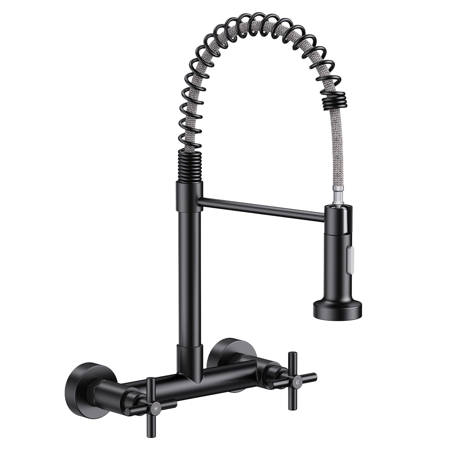 KINGTACK Wall Mount Kitchen Faucet,8 inch Commercial Sink Faucet with Sprayer, Dual Handles Utility Sink Faucet for Kitchen Laundry Restaurant, Matte Black