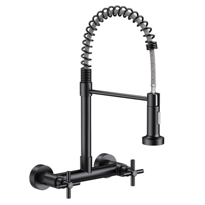 KINGTACK Wall Mount Kitchen Faucet,8 inch Commercial Sink Faucet with Sprayer, Dual Handles Utility Sink Faucet for Kitchen Laundry Restaurant, Matte Black