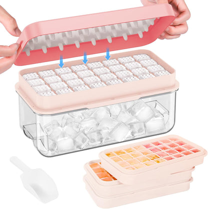 KINGTACK Ice Cube Tray with Lid and Bin, Ice Cube Tray Molds, 96(4 * 8 * 3) pcs Ice Trays for freezer, Chilling Drinks, Whiskey & Cocktails, with Ice Container and Ice Scoop, BPA-Free, Pink