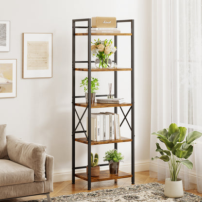 Flycity 5 Tier Bookshelf, Modern Bookcase with Open Compartments, Free Standing Storage Shelves Organizer for Home Office, Bedroom, Living Room, Rustic Brown