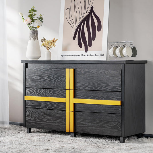 FLYCITY 6 Drawer 47.2'' Dresser for Bedroom, Modern Dresser Wood Storage Cabinet with Gold Handle, Large & Long Dresser(Black)