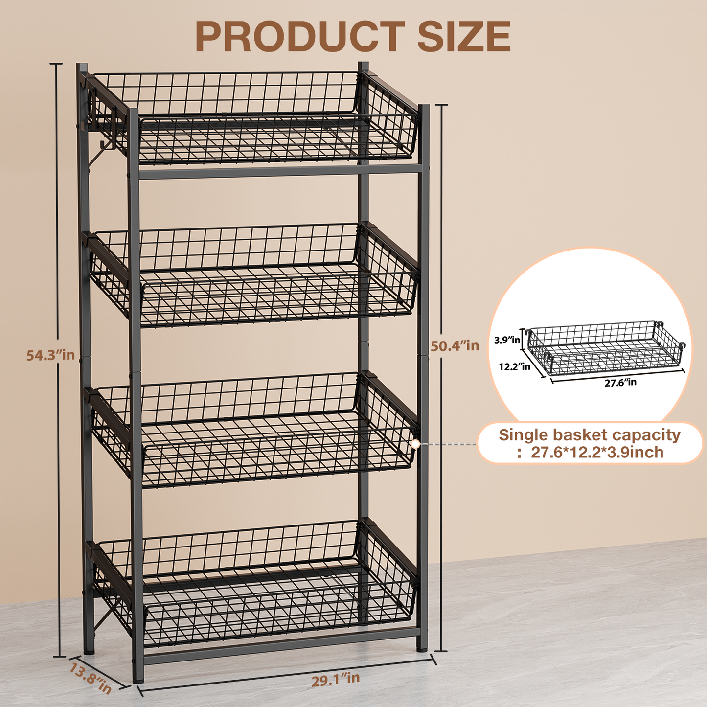 Flycity 4 Tier Retail Display Shelf, Snack Organizer with 2 Hooks, Candy Organizer for Bedroom, Metal Wire Basket, Fruit Basket for Kitchen (13.8"D x 29.1"W x 54.3"H)