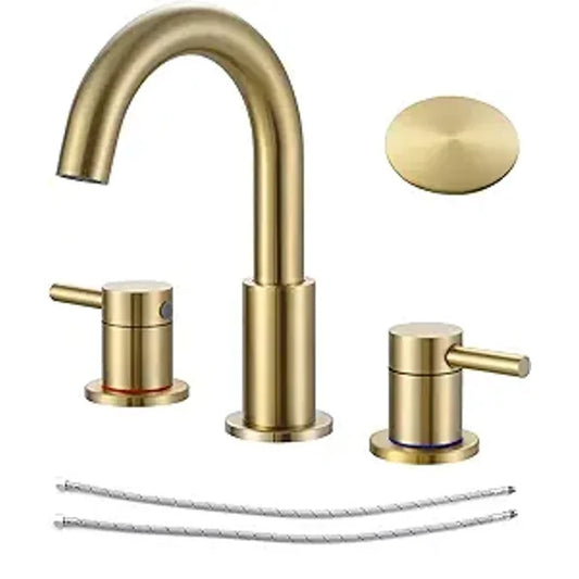 KINGTACK Widespread Bathroom Faucet Two Handle Bathroom Sink Faucet, 8-Inch 3 Pieces Bathroom Vanity Faucet 3 Hole Lavatory Faucet with Supply Lines, Gold