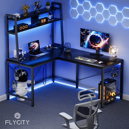 Flycity 93.3 inch L Shaped Gaming Desk with Hutch, LED Lights & Power Outlets, Ergonomic L-Shaped Gaming Desk with Storage Shelves for Home Office, Black