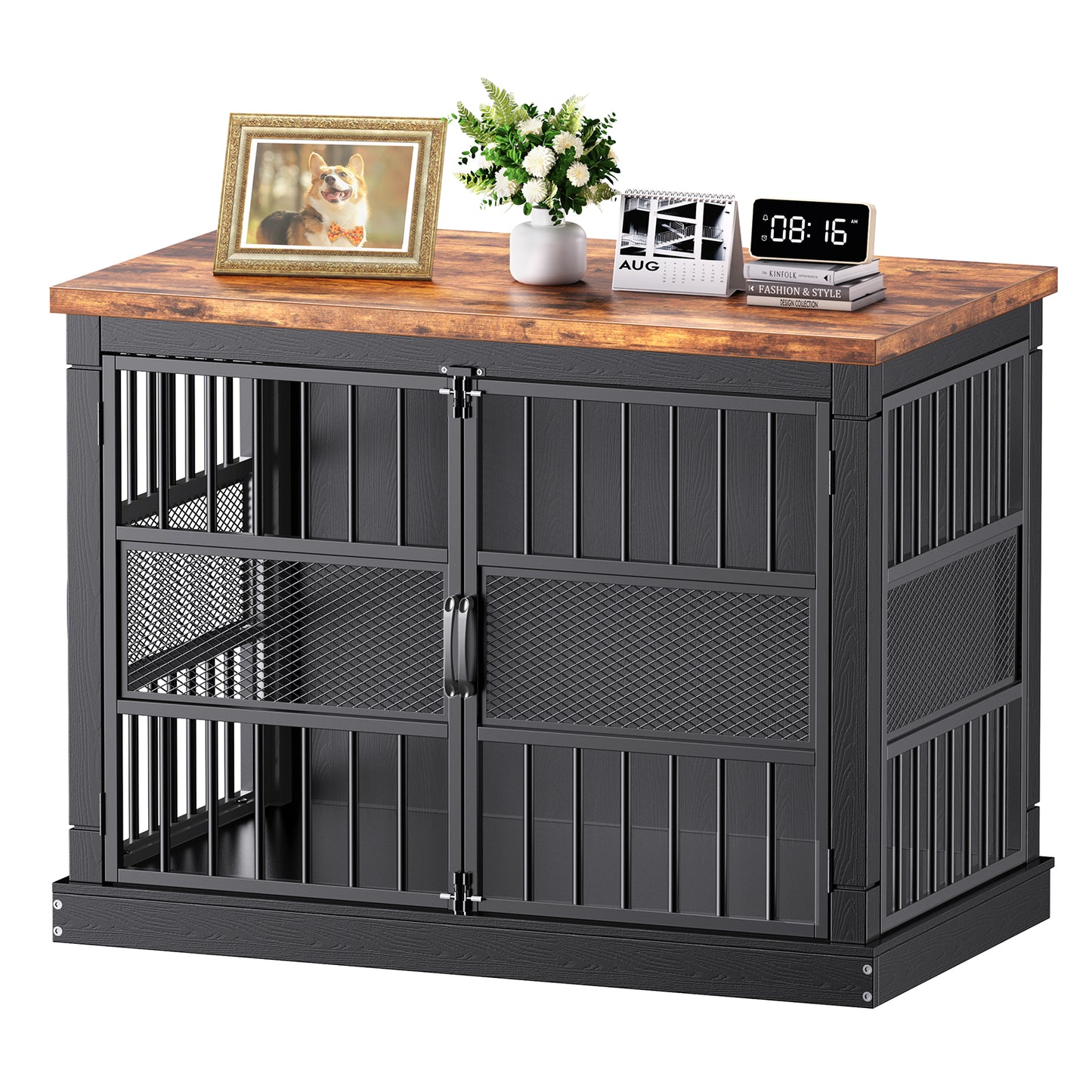 Flycity 40'' Modern Dog Crate Furniture with Double Door, Heavy Duty Dog Crate for Medium Large Dogs, Wooden Cage Kennel Furniture Indoor, Chew Resistant End Table for Living Room, Black