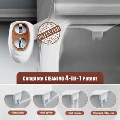 KINGTACK Bidet, Self-cleaning Bidet Attachment for Toilet - Non Electric Dual Nozzles Cold Water Bidet Toilet Seat Attachment with Adjustable Pressure Control, for Frontal & Rear Wash (Wood Color)