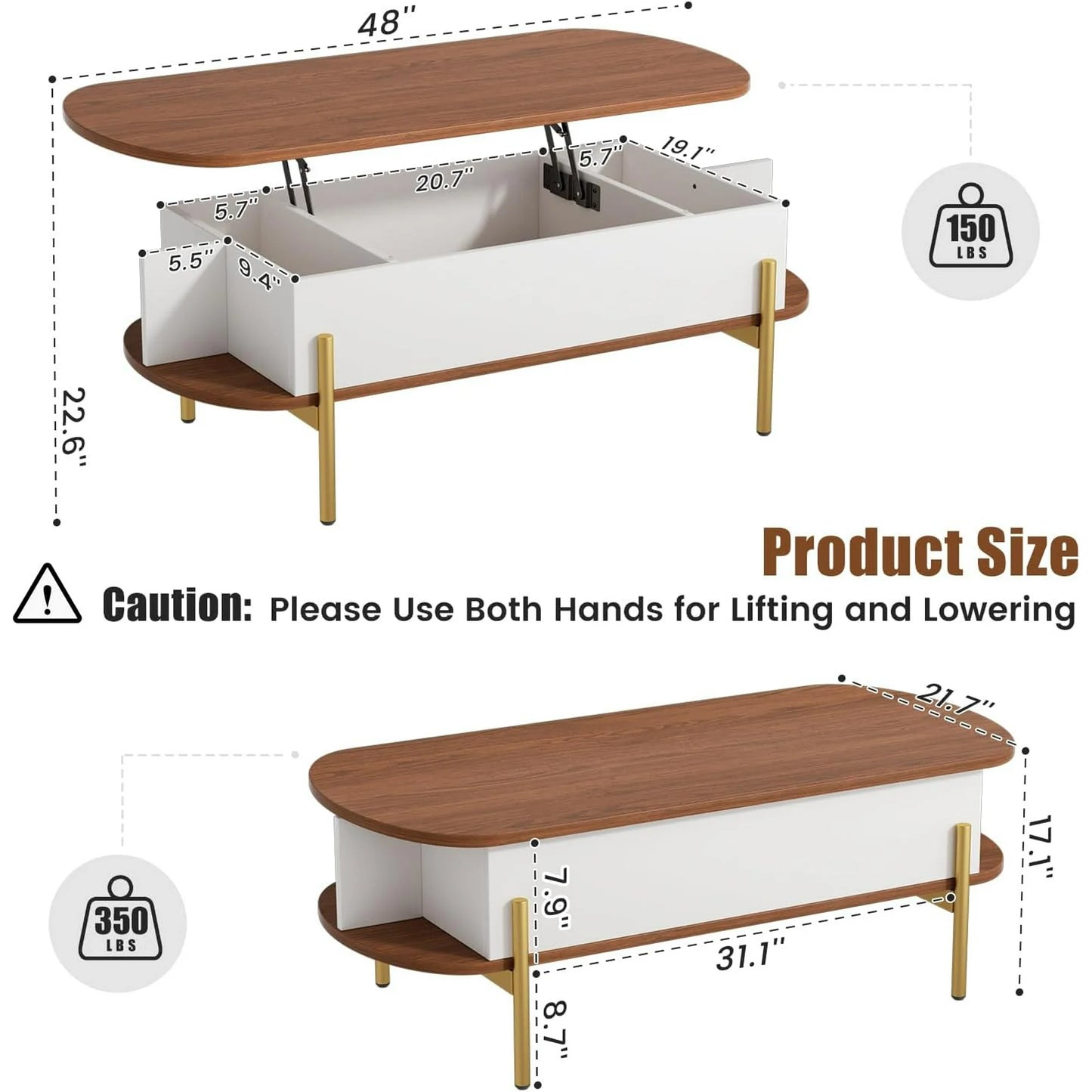 Flycity 48" Oval Lift Top Coffee Table with Storage Metal Legs & Large Hidden Compartment, Coffee Table with Lifting Top with Open Shelf for Living Room, White & Brown