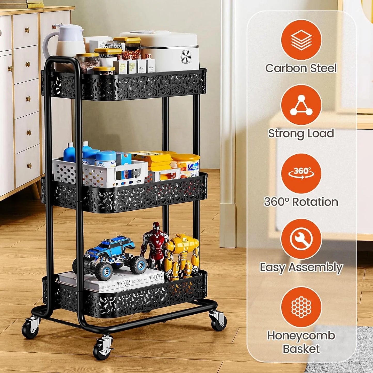 Flycity 3 Tier Utility Rolling Cart Organizer, Heavy-Duty Metal Rolling Carts with Wheels, Multifunctional Rolling Storage Cart, Easy Assembly for Kitchen, Office, Bathroom