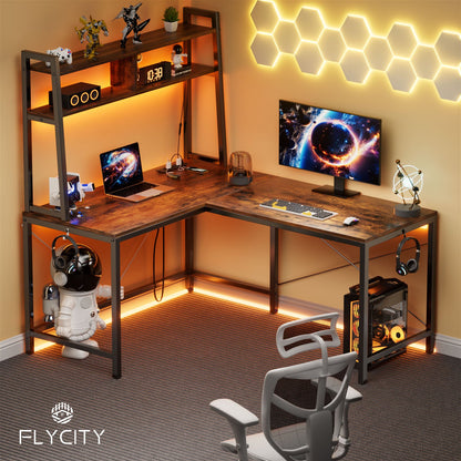 Flycity 93.3 inch L Shaped Gaming Desk with Hutch, LED Lights & Power Outlets, Ergonomic L-Shaped Gaming Desk with Storage Shelves for Home Office, Brown
