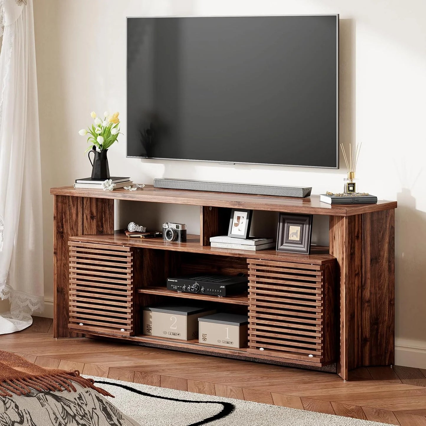 Flycity Mid Century Modern TV Stand for 55 60 65 Inch TVs, Entertainment Center with Sliding Doors & Storage, Wood Media Console for Living Room/Bedroom, Walnut Credenza TV Cabinet