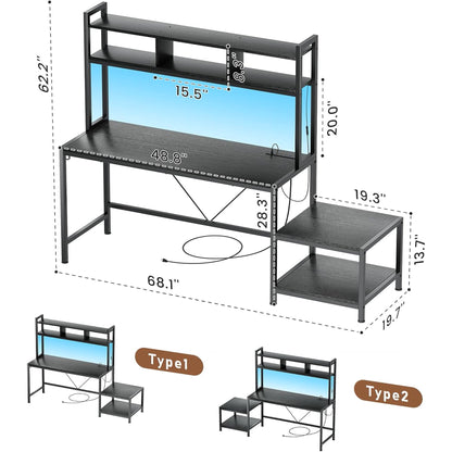 Flycity Computer Desk with Printer Stand & Hutch, 69 Inch Gaming Desk with LED Lights & Power Outlets, Home Office Desk with Storage Shelves & Hooks for Living Room, Small Spaces, Black