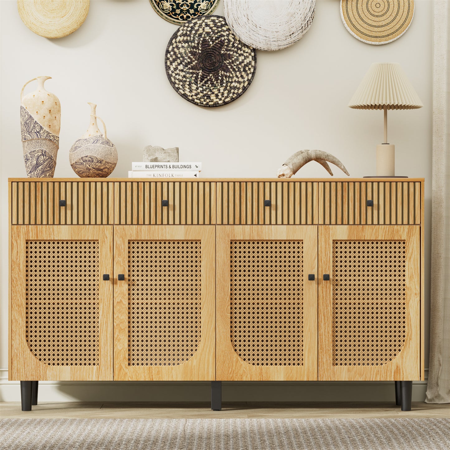 Flycity Boho Sideboard Buffet Cabinet with Rattan Doors and Drawers, Accent Credenza Storage Cabinet for Living Room, Entryway, Dining Room and Kitchen, Natural