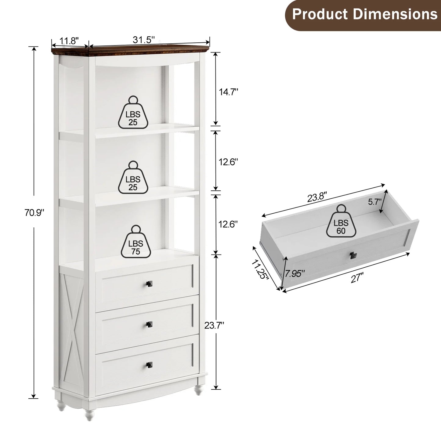 Flycity 71 Inch Tall Bookshelf, 6 Tiers Farmhouse Bookcase with Drawers and Shelves, Kitchen Storage Cabinet, Rustic Freestanding Display Bookshelves for Bedroom Living Room