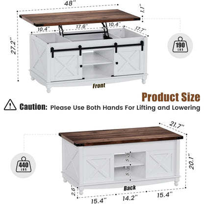 Flycity 48" Farmhouse Lift Top Coffee Table with Storage Sliding Barn Door, Lifting Tabletop Rustic Center Table with Large Hidden Compartment for Living Room, White & Brown