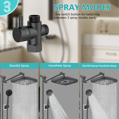 KINGTACK Shower Head Combo, 12 Inch Rain Shower Head with Adjustable Extension Arm and 5 Spray Filtered Shower Head, Black