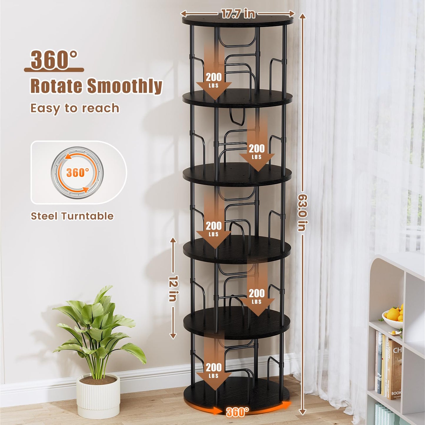 Flycity 5 Tier Rotating Bookshelf, 360° Display Rotating Bookcase Corner Storage Rack with Special Visible Partition Storage, Black