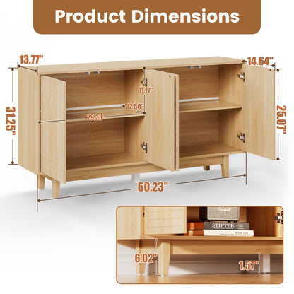 Flycity Sideboard Buffet Cabinet with Storage, 60" Modern Storage Cabinet with 4 Doors & Adjustable Shelves, Wood Console Table Accent Cabinet with Geometric Pattern for Kitchen, Living Room, Hallway