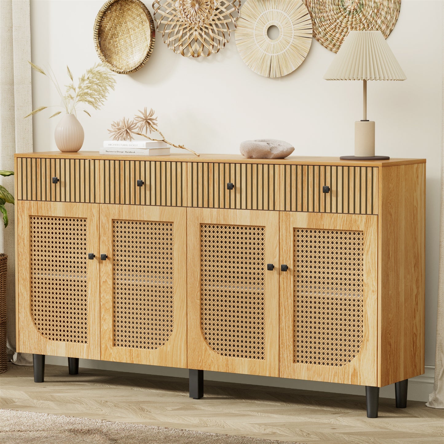 Flycity Boho Sideboard Buffet Cabinet with Rattan Doors and Drawers, Accent Credenza Storage Cabinet for Living Room, Entryway, Dining Room and Kitchen, Natural