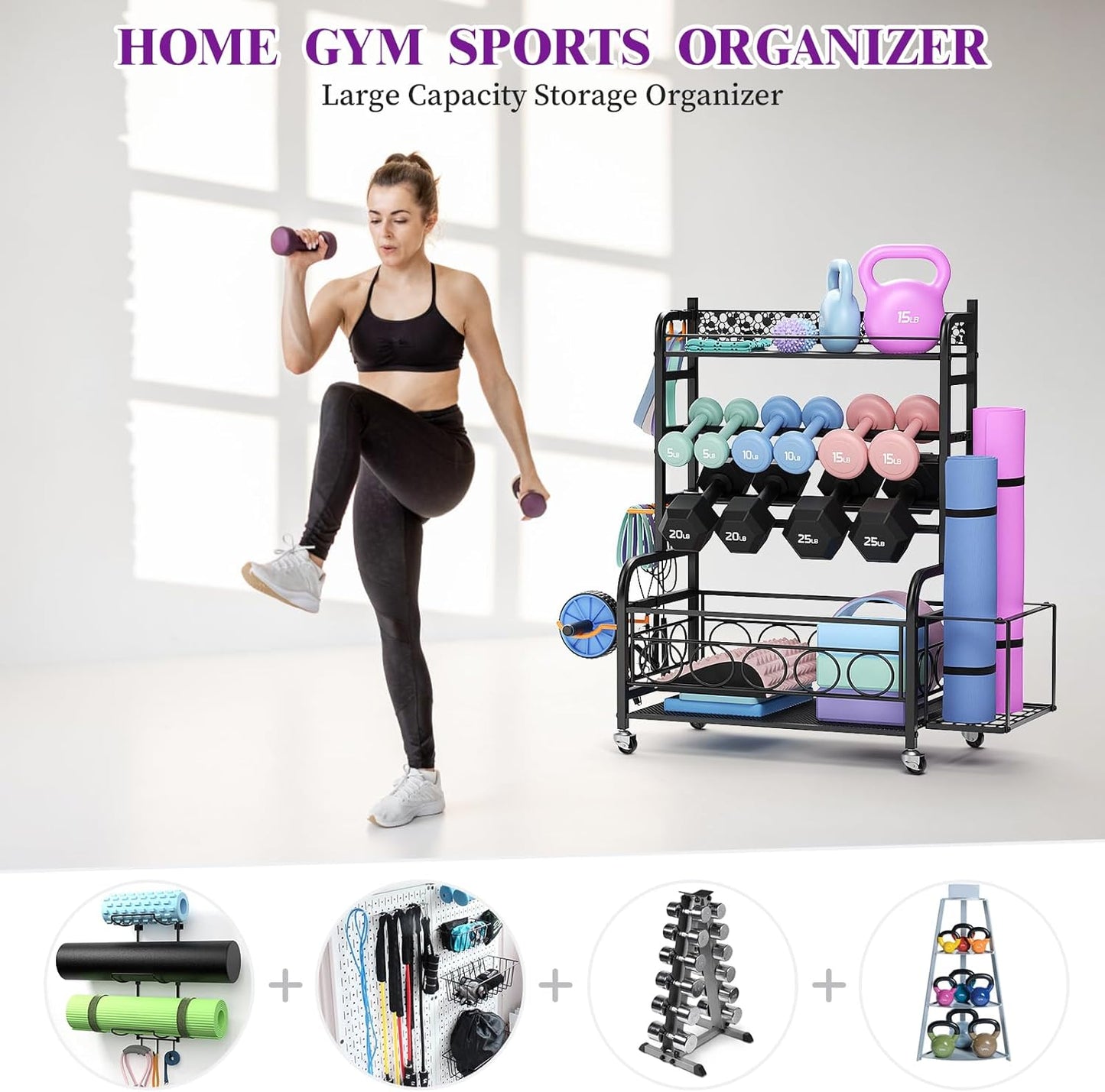 Flycity Dumbbell Rack, Weight Rack for Dumbbells, Home Gym Storage for Dumbbells Kettlebells Yoga Mat and Balls, Weight Storage Holder Rack with Wheels and Hooks