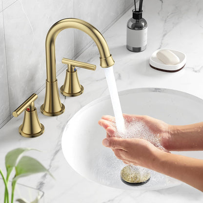 KINGTACK Bathroom Faucets for Sink 3 Hole, Brushed Gold Bathroom Sink Faucet with Pop-up Drain and Supply Lines, Stainless Steel Lead-Free Widespread Faucet for Bathroom Sink Vanity RV Sink, 2 Pack...
