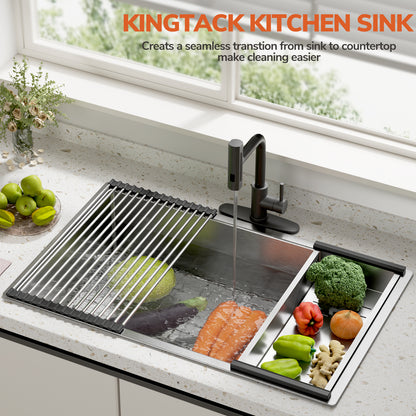 KINGTACK 30-inch Undermount Kitchen Sink, 304 Stainless Steel Drop in Sinks, Workstation Single Bowl Basin Sink Set with 4 Sink Accessories