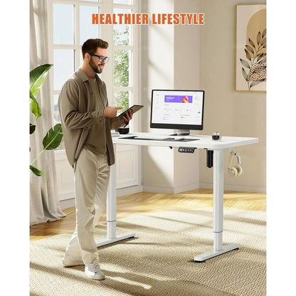 Flycity Electric Standing Desk Adjustable Height Stand Up Desk, 48" x 24" Sit Stand Desk, Low Noise Home Office Desk, Computer Desk with Splice Board, Child Lock & Memory Function, White