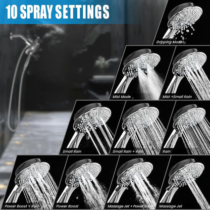 KINGTACK High Pressure Shower Head, 7.2Inch 2 in 1 Rainfall Shower head & Handheld Showers with Magnetic Docking System, 10-Setting Handheld Shower Head with 59" Rotatable Stainless Steel Hose