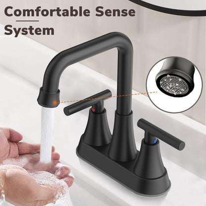 KINGTACK Bathroom Sink Faucet, 4 inch Matte Black Bathroom Faucets with Pop-up Drain and Supply Lines, Stainless Steel 2-Handle Centerset Faucet for Bathroom Faucet 3 Hole