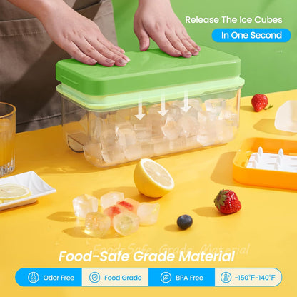 KINGTACK Ice Cube Tray, Ice Trays for Freezer, Ice Cube Tray With Lid and Bin, Making 64 pcs Ice Cubes, Chilling Cocktail, Whiskey, Coffee, with 2 trays, Ice Container, Scoop&Cover, BPA Free, Green